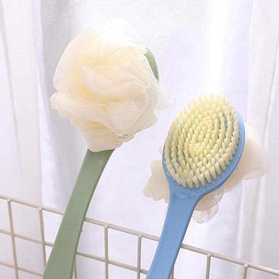 Xing-Ruiyang Shower Body Brush with Bristles and Loofah,Back Scrubber Bath Mesh Sponge with Curved Long Handle Skin Exfoliating Massage Bath Brush,Blue