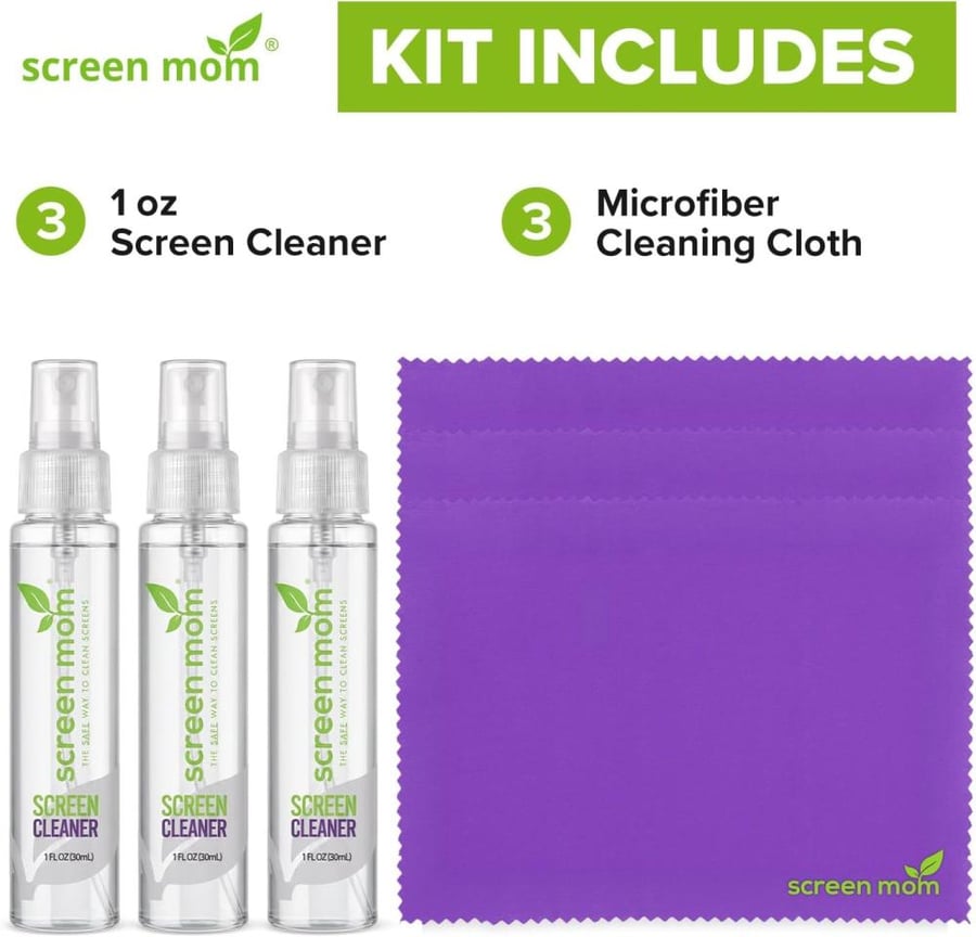Screen Cleaner Spray and Microfiber Cloths 3-Pack (3x1oz) by Screen Mom-Screen Cleaner Spray and Wipe for TV, Computer, Phone, iPad, Car Screen Cleaning Kit Electronic Cleaner Spray