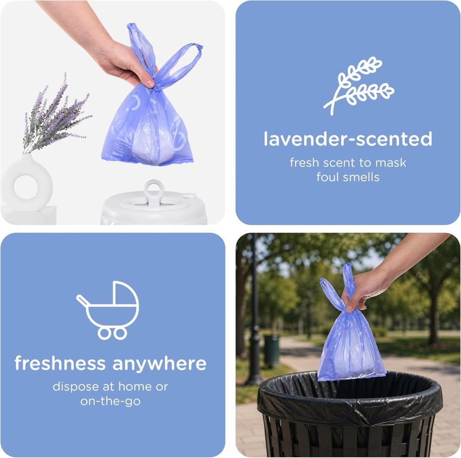 Ubbi Disposable Diaper Sacks, Lavender Scented, Easy-To-Tie Tabs, Diaper Disposal or Pet Waste Bags, 400 Count