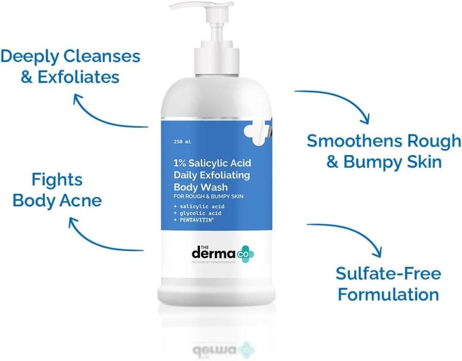 The Derma Co 1% Salicylic Acid Exfoliating Body Wash with Glycolic Acid & Pentavitin, Fights Body Acne, Smoothens Rough & Uneven Skin, Gentle & Hydrating Daily Body Care - for all skin types, 250ml