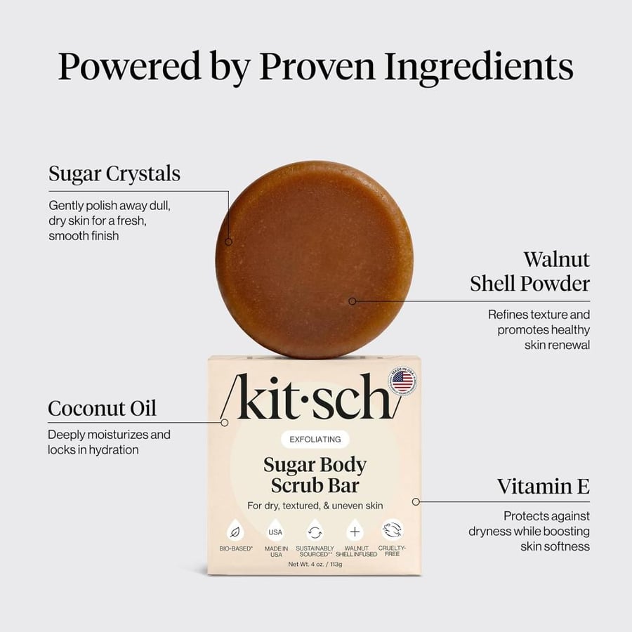Kitsch Exfoliating Sugar Body Scrub Bar - Soap for Smooth, Hydrated & Glowing Skin | Made in US | Natural Exfoliating Soap for Men & Women With Sugar Scent | Sulfate & Paraben Free, 4 oz