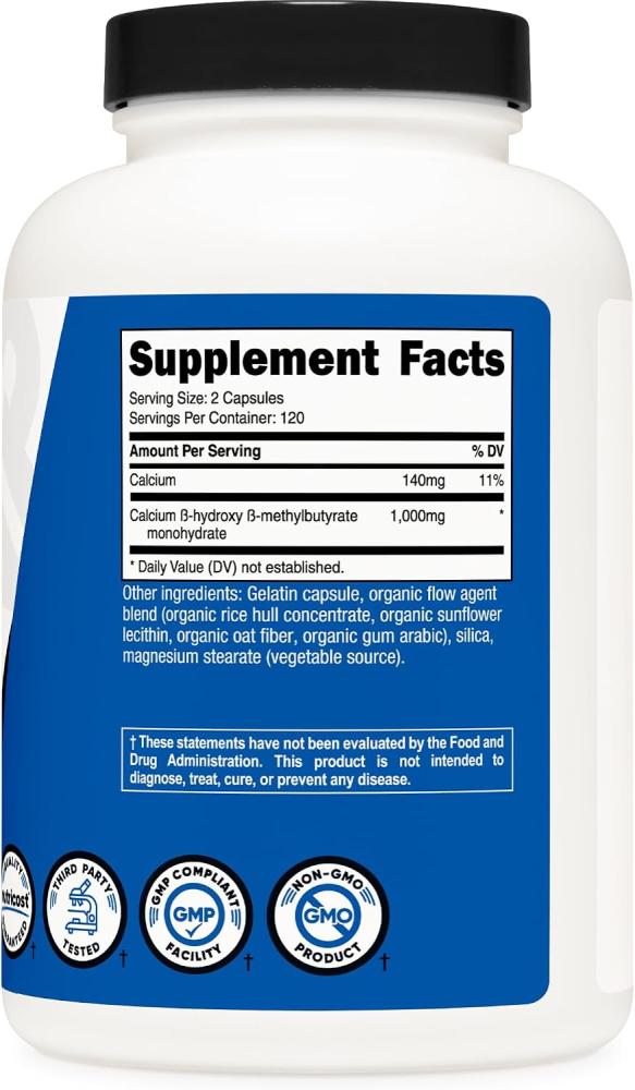 Nutricost HMB (Beta-Hydroxy Beta-Methylbutyrate) 1000mg (240 Capsules) - 500mg Per Capsule, 120 Servings - Gluten Free and Non-GMO