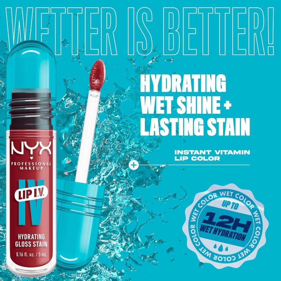 NYX Professional Makeup Lip IV Hydrating Gloss Stain, Up to 12HR Hydration, High Pigment, Wet Shine Finish, Bubblegum Burst