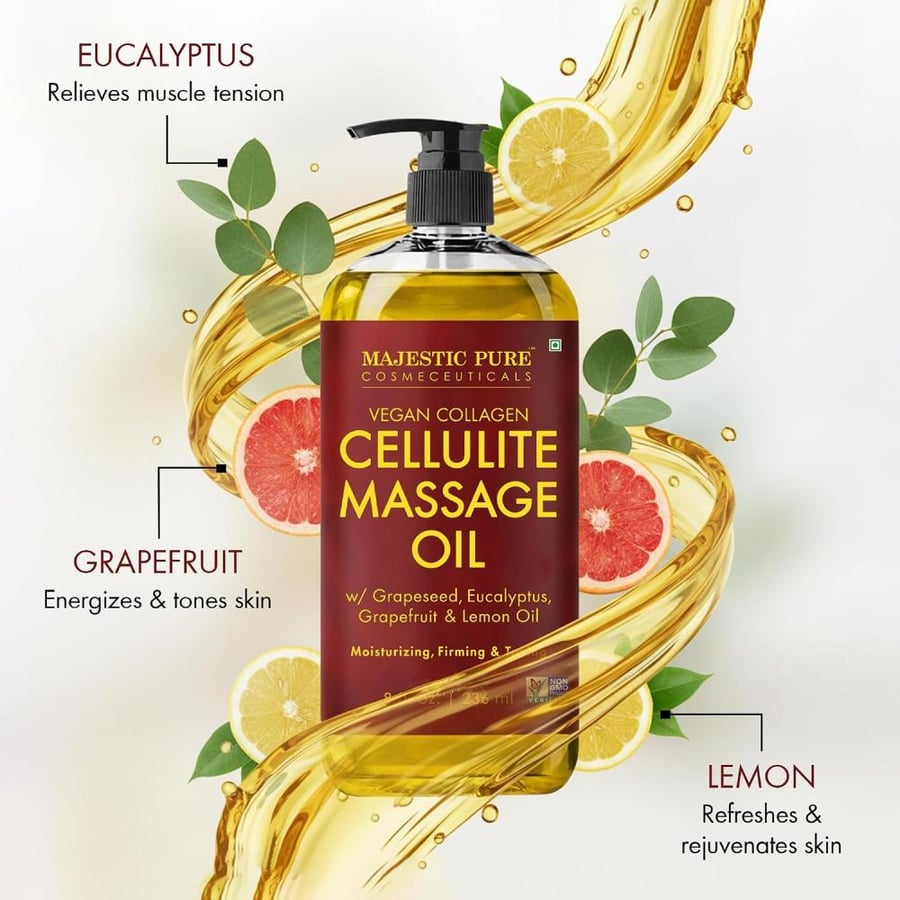 MAJESTIC PURE Anti Cellulite Massage Oil - Vegan Collagen & Stem Cells, Cellulite Cream for Skin Tightening & Removal in Thighs & Butt - 8 fl oz
