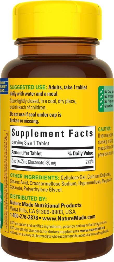 Nature Made Zinc 30 mg, Dietary Supplement for Immune Health and Antioxidant Support, 100 Tablets, 100 Day Supply