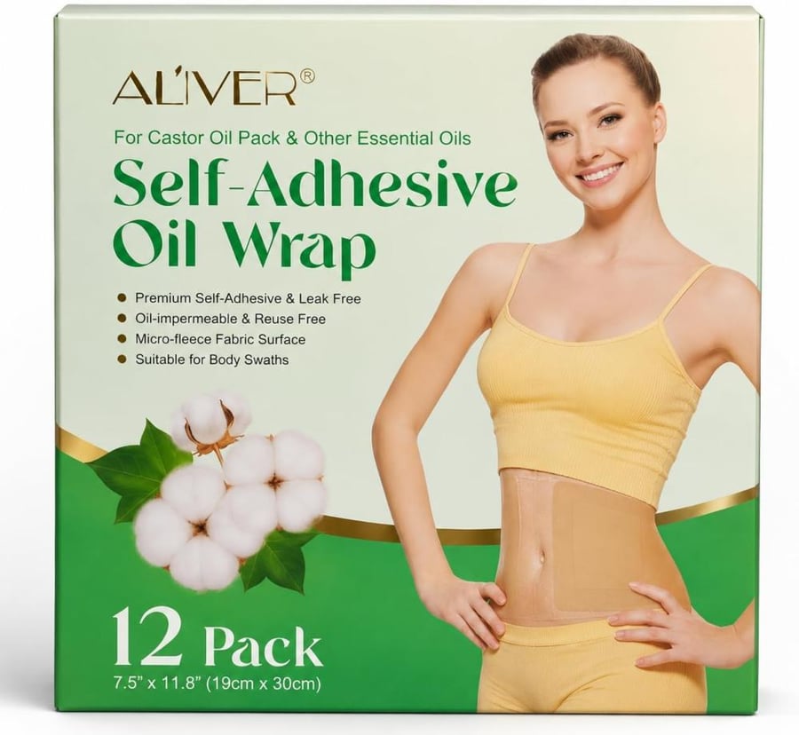 12 PCS Castor Oil Pack Wrap, Reusable Body Wrap for Use with Castor Oil, Adhesive Castor Oil Wrap, Disposable Castor Oil Plasters, Anti Seepage, Oil Not Included