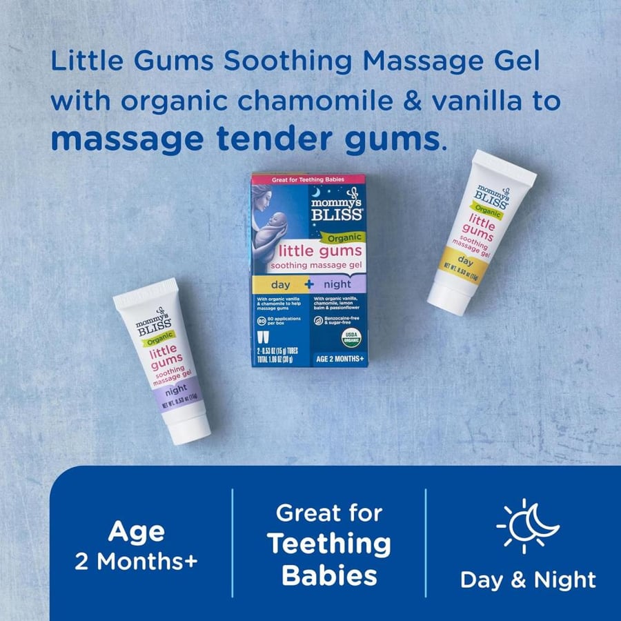 Mommy's Bliss Organic Little Gums Soothing Massage Gel Day and Night Combo, Helps with Tender Gums, Age 2 Months+, Sugar Free, Mild & Sweet Flavor, 2-0.53 Oz Tubes (Pack of 1)