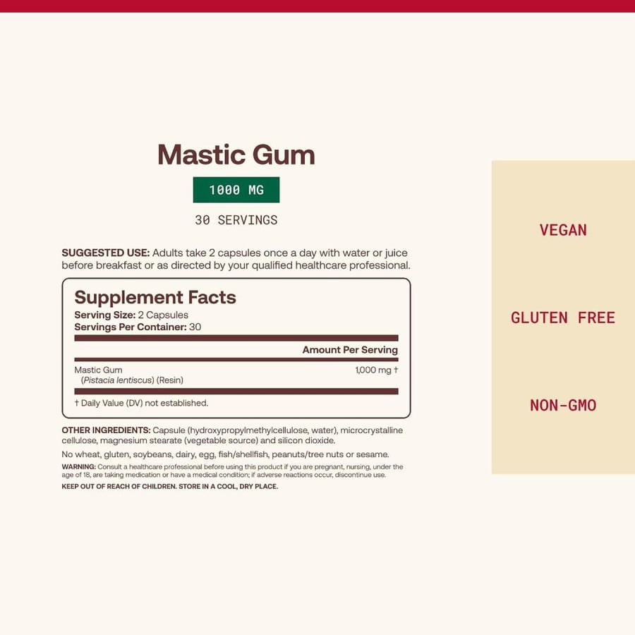 Jarrow Formulas Mastic Gum 1000 mg - 60 Veggie Caps - Natural Formula Supporting Stomach, Duodenal & Oral Health - Dietary Supplement - 30 Servings