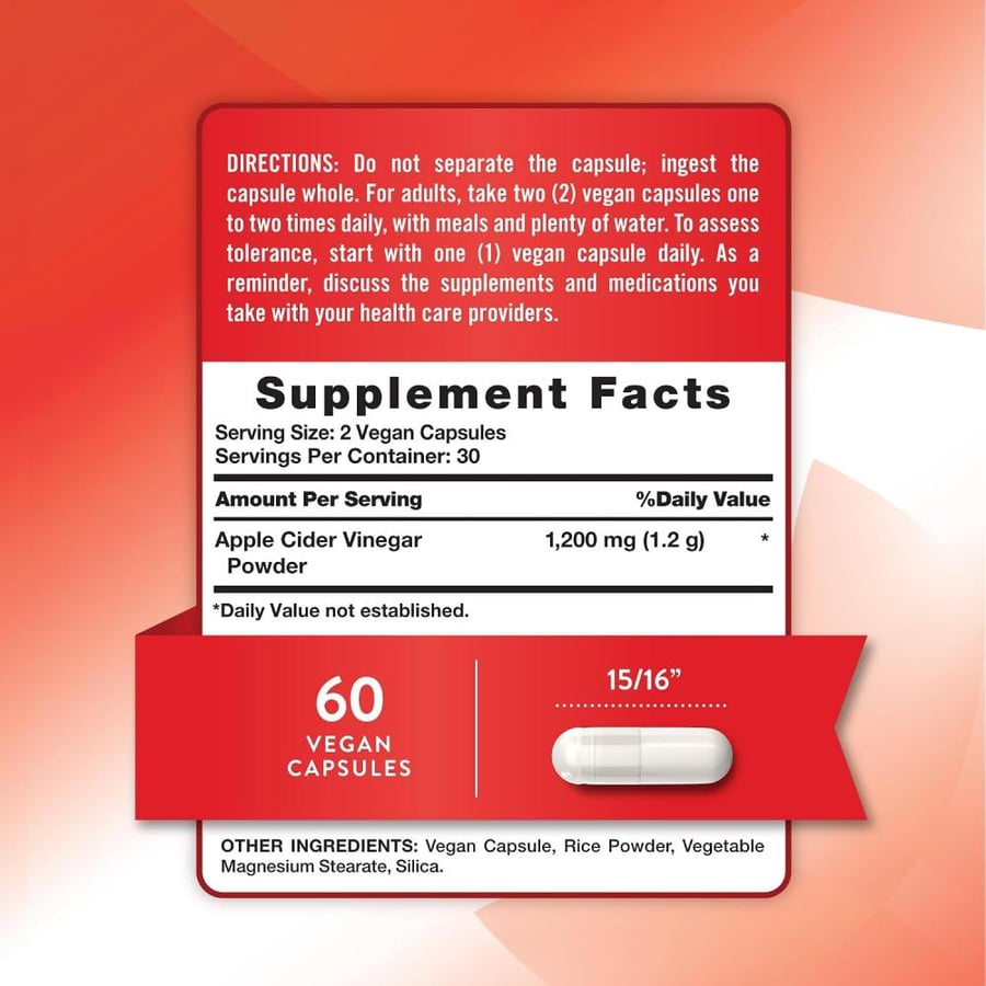 Apple Cider Vinegar Capsules 1200mg | 60 Veggie Pills | Extra Strength | Vegan, Vegetarian, Non-GMO, Gluten Free | by Nature's Truth