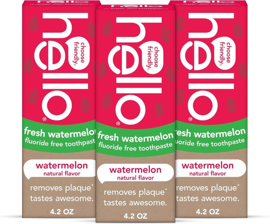 Hello Natural Watermelon Flavor Baby & Kids Fluoride Free Toothpaste, Vegan, SLS Free, Gluten Free, Safe to Swallow for Baby and Toddlers, 4.2 Ounce. 3 Pack