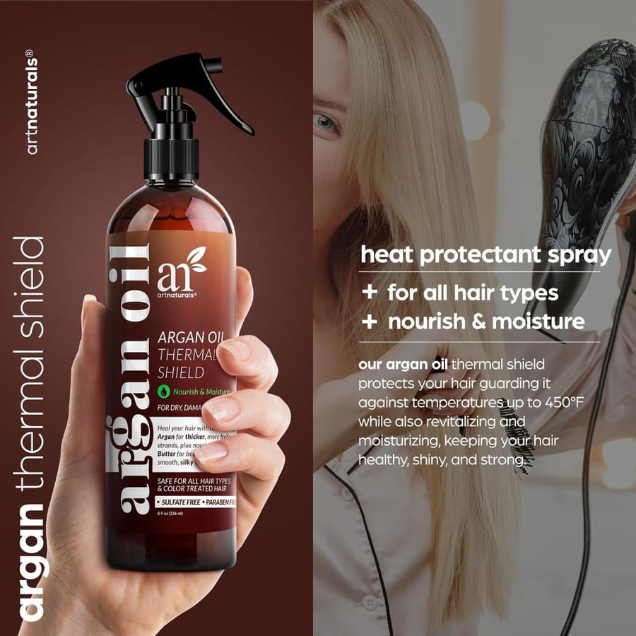 artnaturals Thermal Hair Protector Spray - (8 Fl Oz / 236ml) - Heat Protectant Spray against Flat Iron Heat - Argan Oil Preventing Damage, Breakage and Split Ends - Sulfate Free