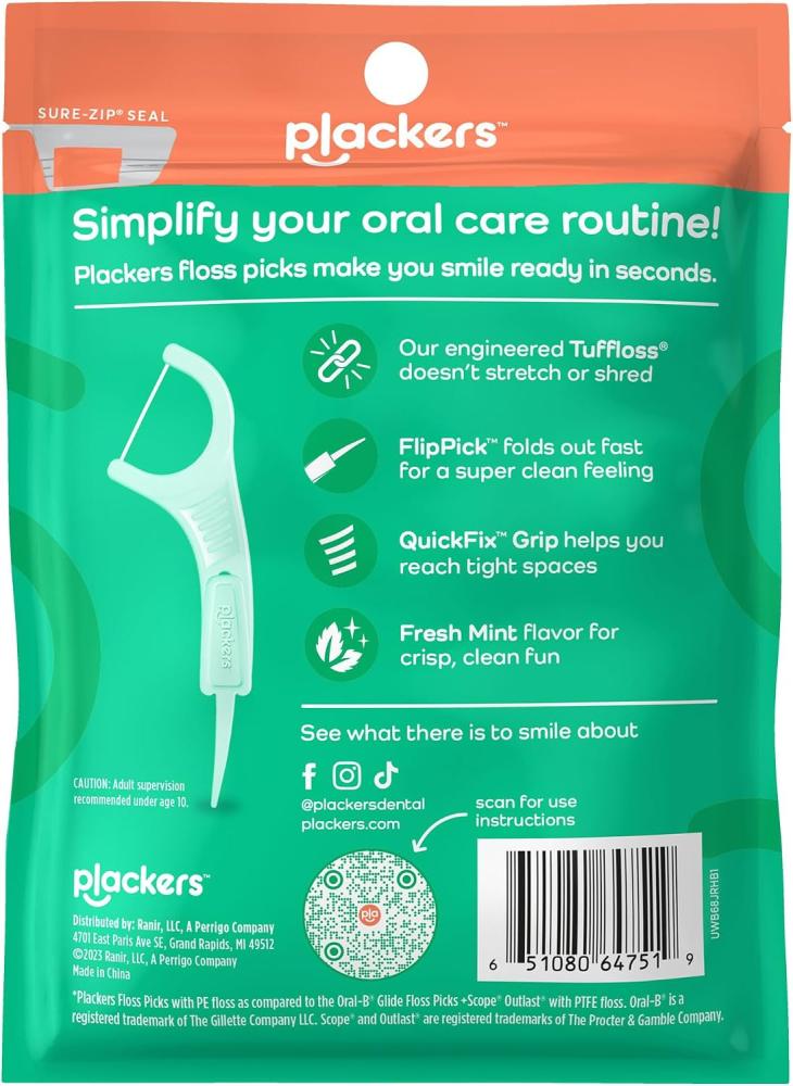 Plackers Micro Line Dental Floss Picks, Fold-Out FlipPick, Tuffloss, Easy Storage with Sure-Zip Seal, Fresh Mint Flavor, 36 Count (Packaging May Vary)