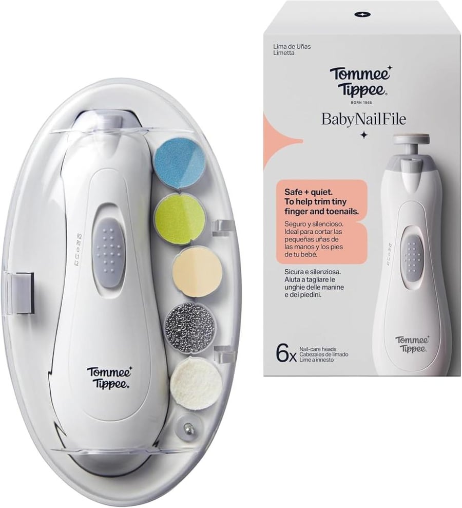 Tommee Tippee Electric Baby Nail File Trimmer, Battery-Powered Infant Nail Clipper with LED Light and Six Filing Heads for Baby and Adult Use