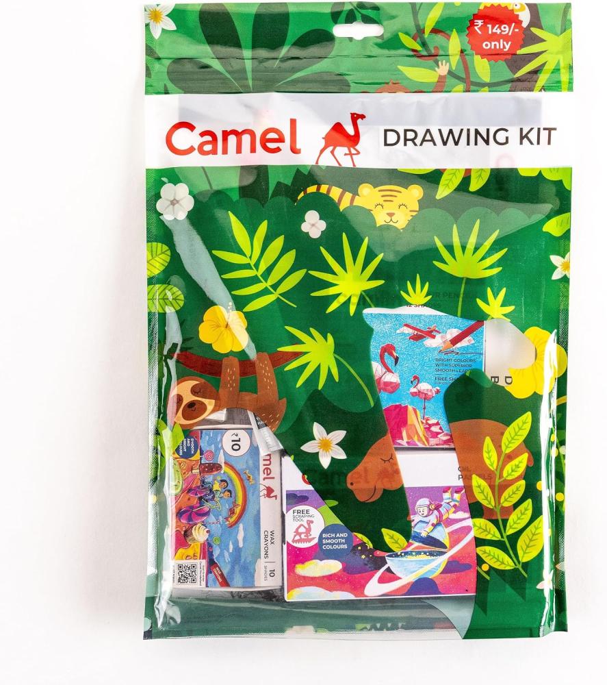 Camlin Drawing Kits 9900149 12 Pages Drawing Book 12 Shades Oil Pastel10 Pcs Wax Crayon 12 Shades Colour Pencil 6 Shades Plastic Crayon 1 Nova Glowing Pencil+ 1 Eraser 1 Sharpener 1 Scale 15cm