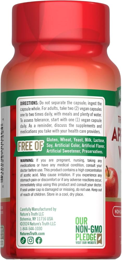 Apple Cider Vinegar Capsules 1200mg | 60 Veggie Pills | Extra Strength | Vegan, Vegetarian, Non-GMO, Gluten Free | by Nature's Truth