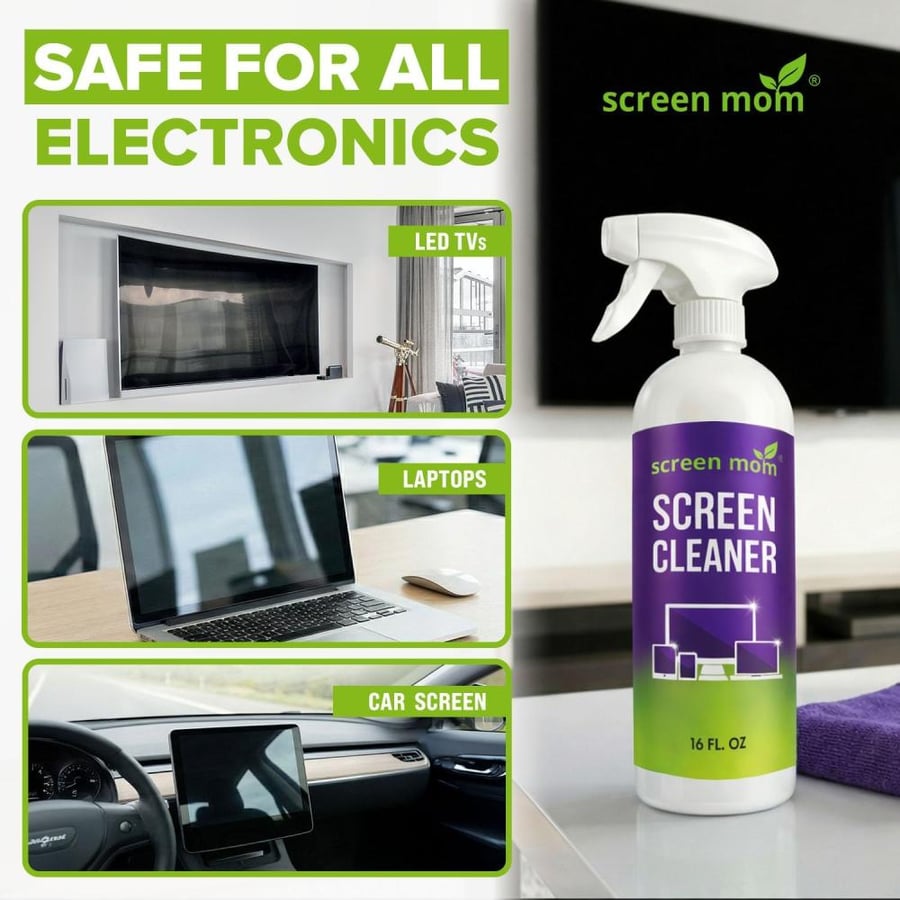 Screen Mom Screen Cleaner Spray (32oz) 2 x 16oz Bottles - TV Screen Cleaner, Computer Screen Cleaner, for Laptop, Phone, Ipad - Computer Cleaning kit Electronic Cleaner - 2 Microfiber Towels Included