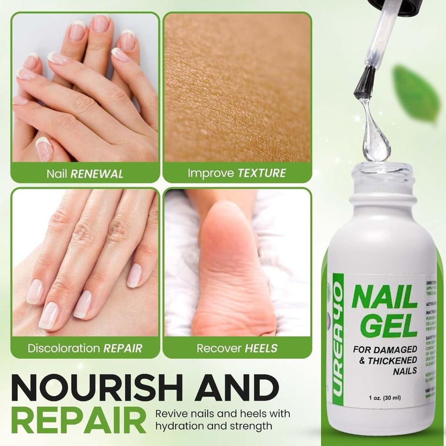 Urea Nail Gel, 1 oz, 40% Urea, Hard Nail Softener, Quick Drying, Anti-Fungal, For Soft and Brittle Free Nails, For Fingernails & Toenails, Superior to Creams, Easy Brush Applicator, Quick-Drying
