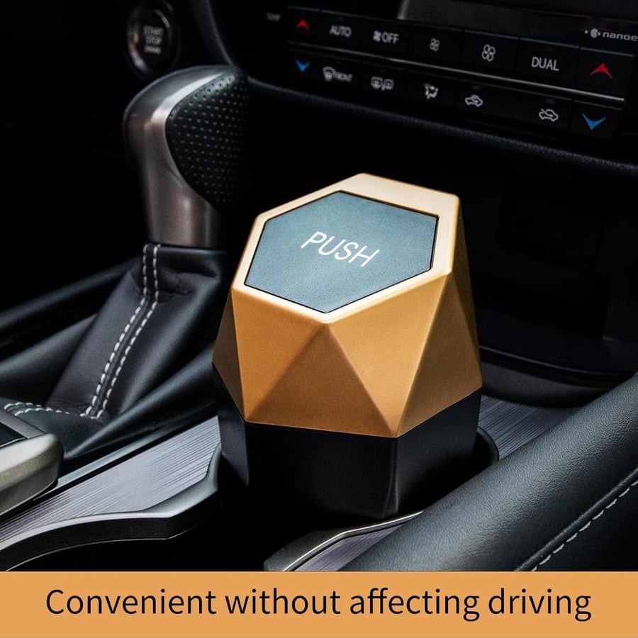 JUSTTOP Car Trash Can with Lid, Mini Diamond Design Portable Trash Can, Plastic Material and Multipurpose Organizers for Car,Home,Office(Gold)