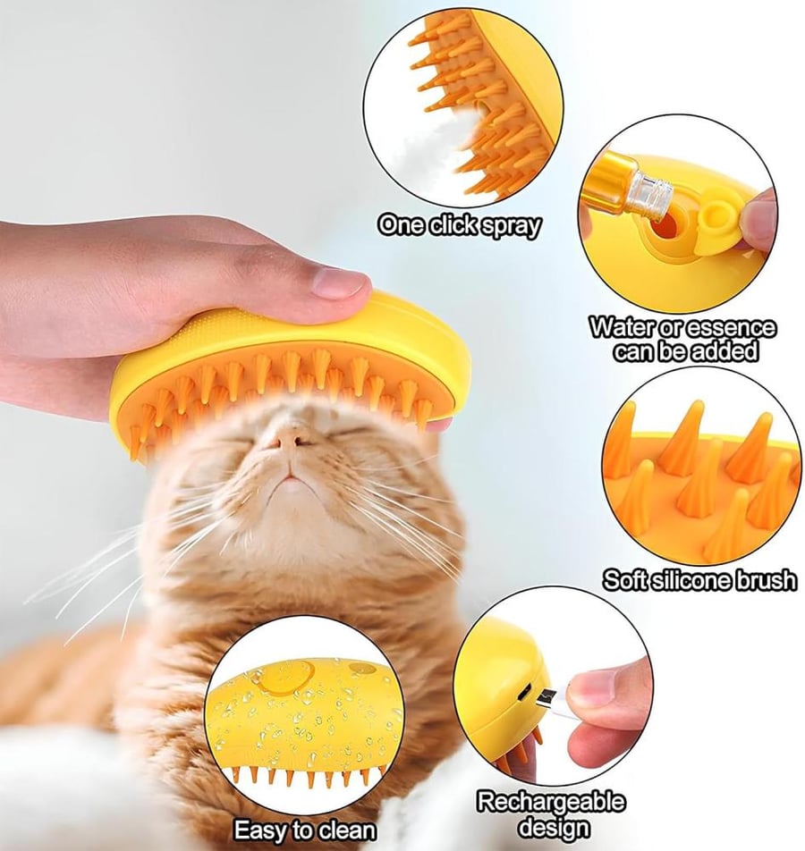 Professional 3-in-1 Cat Steam Brush with Spray, Water Tank, Massaging Function - Eliminates Tangles, Removes Flyaways - Pet Grooming Tool
