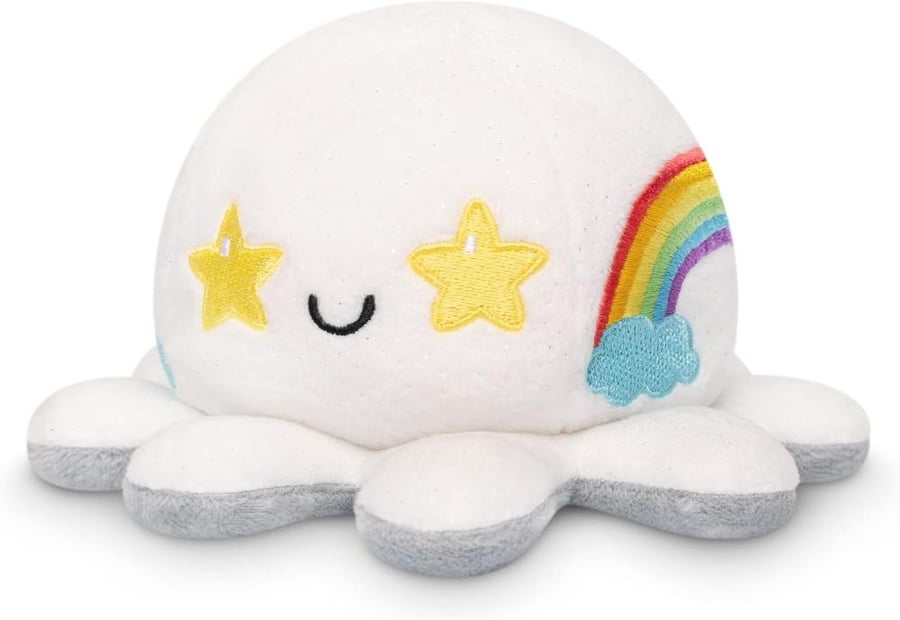 TeeTurtle - The Original Reversible Octopus Plushie - Bored + Rainbows Starry Eyes - Cute Sensory Fidget Stuffed Animals That Show Your Mood 4x4x3
