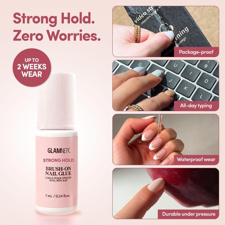 Glamnetic Super Strong Brush On Nail Glue | Brush Tip Applicator, Mess Free, Travel Friendly, Vegan | Durable & Long-Lasting | .24 fl. oz.