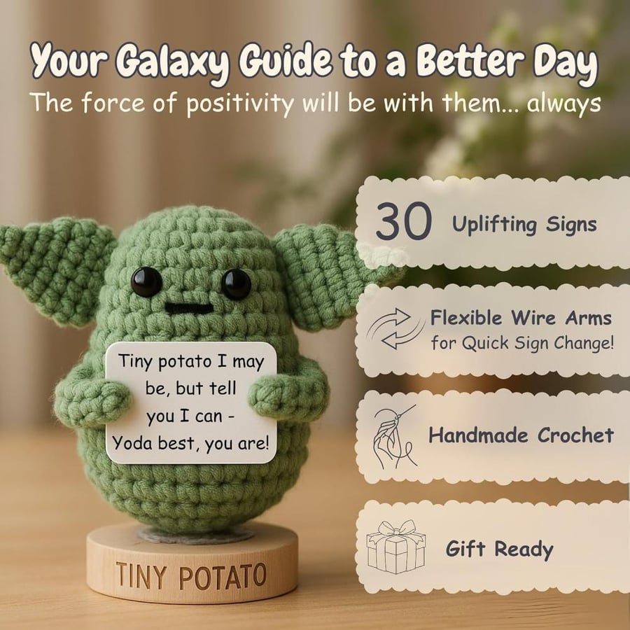 Handmade Baby Yoda Positive Crochet with 30 Fun Affirmations - Funny Friendship Gift for Christmas, Inspirational Birthday Gifts for Women Men | Birthday Gift Idea for Women Friends, BFF, Coworker