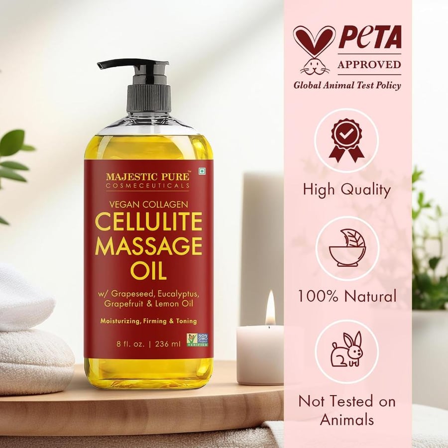 MAJESTIC PURE Anti Cellulite Massage Oil - Vegan Collagen & Stem Cells, Cellulite Cream for Skin Tightening & Removal in Thighs & Butt - 8 fl oz