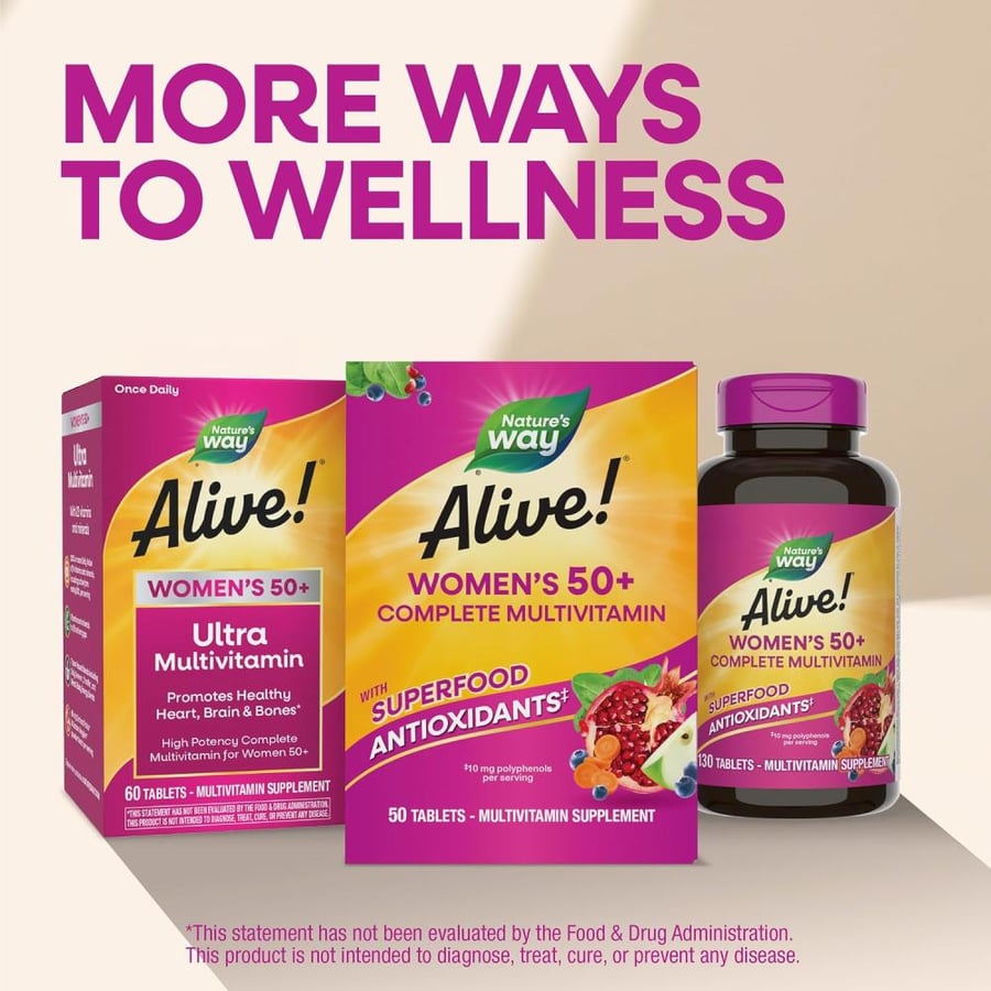 Nature’s Way Alive! Women’s 50+ Complete Multivitamin, Supports Healthy Aging*, Supports Cellular Energy*, B-Vitamins, Gluten-Free, 50 Tablets