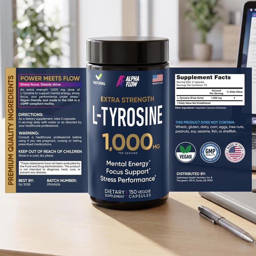 L Tyrosine 1000MG Capsules - All-Natural L- Tyrosine Supplement for Focus & Energy Boost - Non-GMO & Gluten-Free - Vegan L Tryosine 180 Caps - L-tyrosine 500mg x 2 per Serving