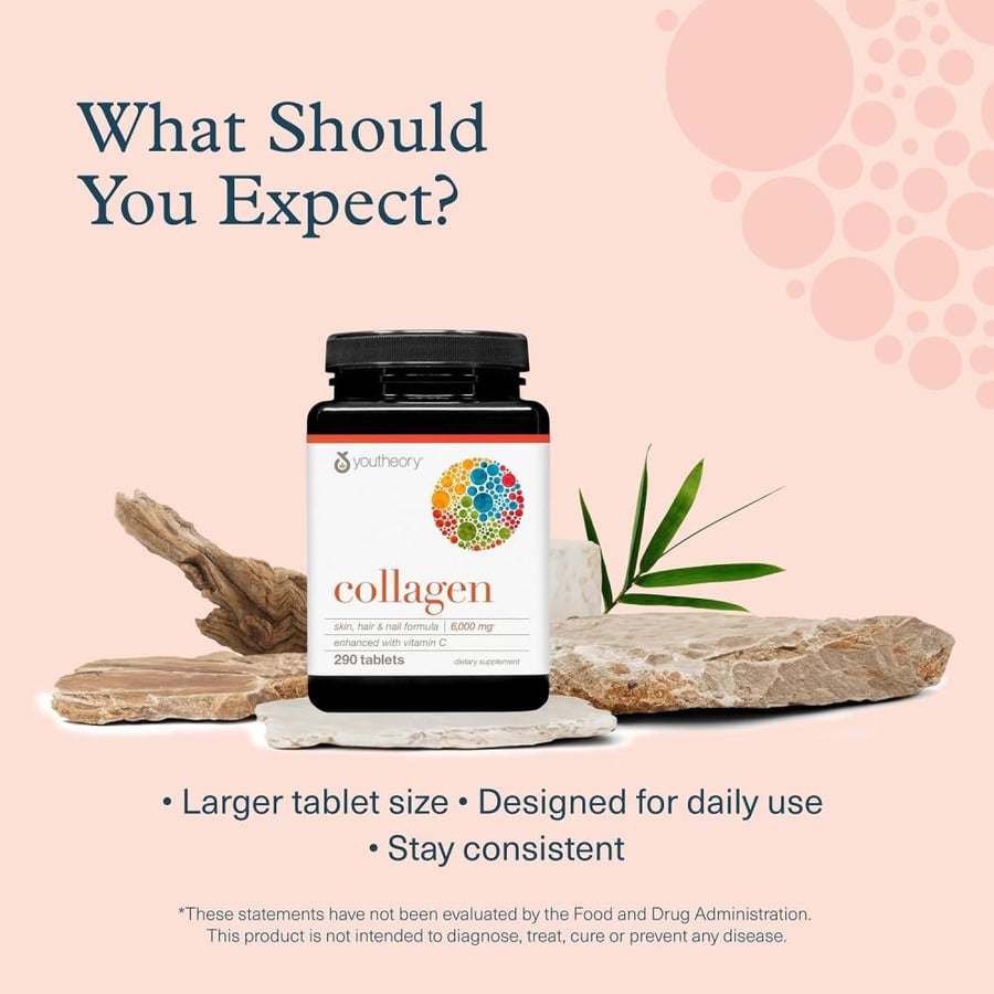 Youtheory Advanced Collagen - 6,000 mg - with Vitamin C & Amino Acids - for Hair Growth, Skin & Nails* - Supports Joint, Bone & Muscle Health* - for Women and Men - 290 Tablets (48-Day Supply)