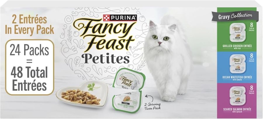 Purina Fancy Feast Gourmet Wet Cat Food Variety Pack, Petites Gravy Collection, Break-Apart tubs, 48 Servings - (24) 2.8 oz. Tubs