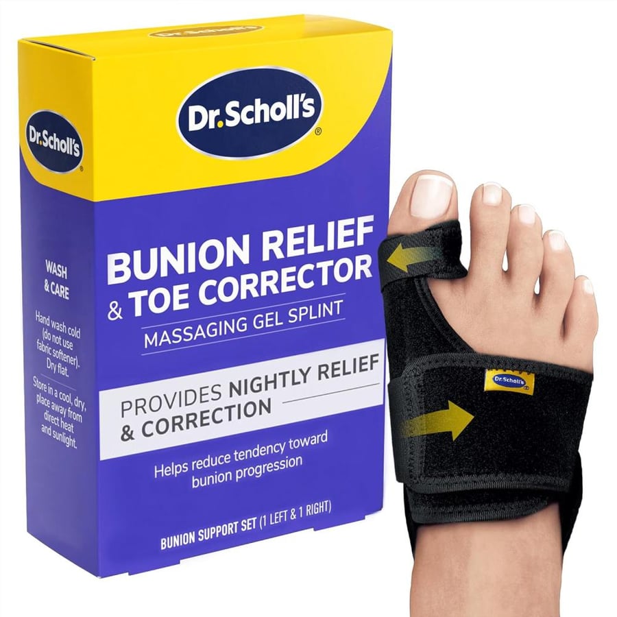 Dr. Scholl's BUNION RELIEF & TOE CORRECTOR // Massaging Gel Bunion Splint & Big Toe Straightener - Bunion Corrector for Women & Men - Bunion Pads for Bunion Relief, 1 support set (left & right)