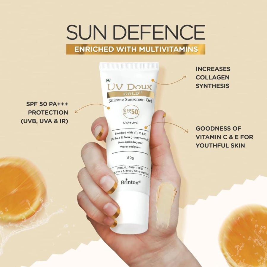UV Doux Gold Silicone Sunscreen Gel SPF 50 PA+++|With Vitamin C & E|Broad Spectrum UVA/UVB Protection|Anti-Aging, Antioxidant-Rich, Water-Resistant Gel for Hyperpigmentation|Benzene-Free|50g