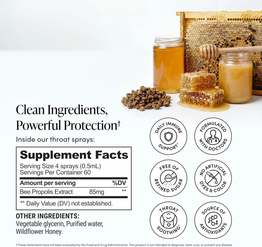 Propolis Throat Spray by Beekeeper's Naturals - 95% Bee Propolis Extract, Natural Immune Support & Sore Throat Relief - Antioxidants, Keto, Paleo, Gluten-Free (1.06 oz)(Pack of 1)