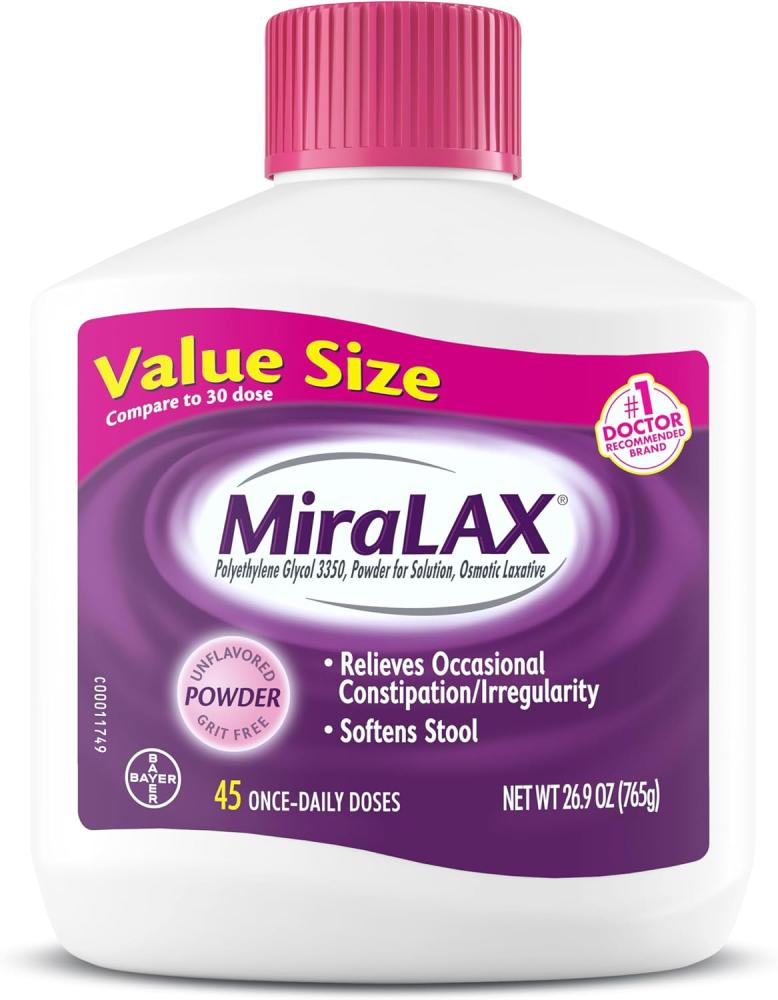 MiraLAX Laxative Powder for Gentle Constipation Relief, 1 Dr. Recommended Brand, 45 Dose Polyethylene Glycol 3350, Stimulant-Free, Softens Stool