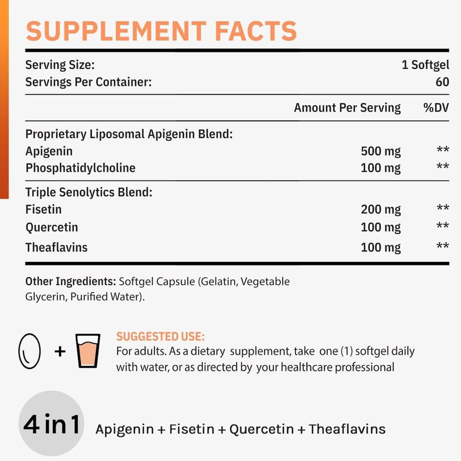 Liposomal apigenin 500mg Softgels - Optimal Apigenin Supplement with Fisetin, Quercetin and Theaflavins - 2 Month Supply