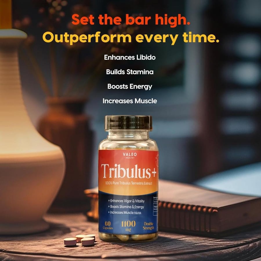 Valeo Tribulus+ Testo Booster Supplement | Energy Booster | Increases Stamina and Vitality, 60 Capsules