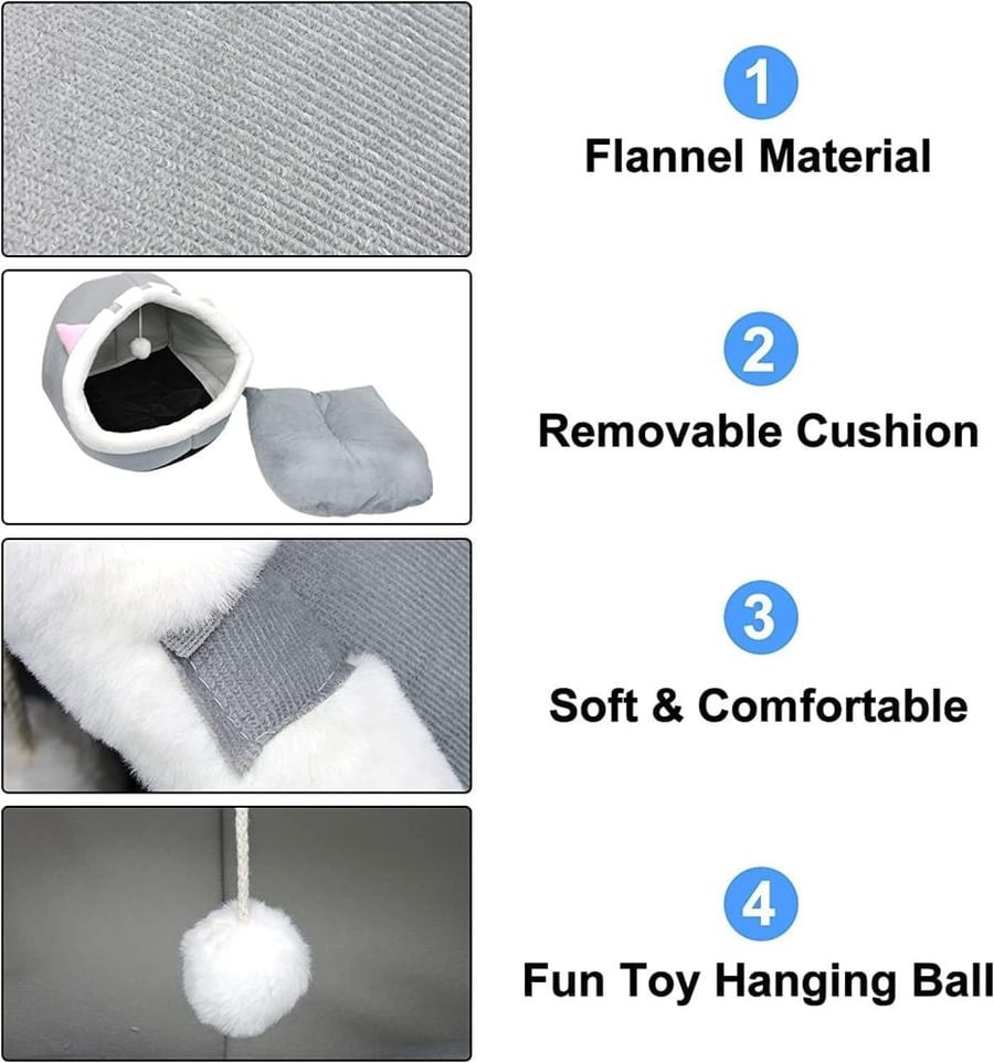 Semi-Enclosed Cat Bed, Removable Washable Indoor Pet House, Warm Comfortable Nest with Dome Pad, Soft Sleep, Grey Triangle Ear, Large