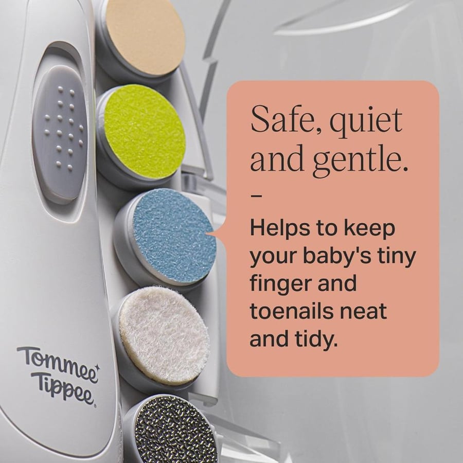 Tommee Tippee Electric Baby Nail File Trimmer, Battery-Powered Infant Nail Clipper with LED Light and Six Filing Heads for Baby and Adult Use
