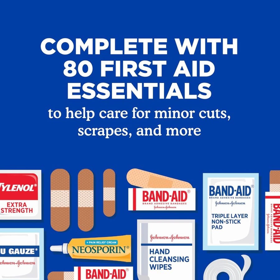 Band-Aid Johnson & Johnson Travel Ready Portable Emergency First Aid Kit for Minor Wound Care with Assorted Adhesive Bandages, Gauze Pads & More, Ideal for Travel, Car & On-The-Go, 80 pc