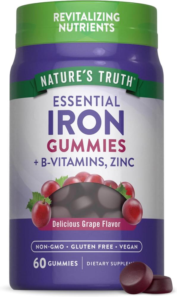 Iron Gummies | 60 Count | Vegan, Non-GMO & Gluten Free Supplement | with Zinc & B Vitamins | Grape Flavor | by Natures Truth