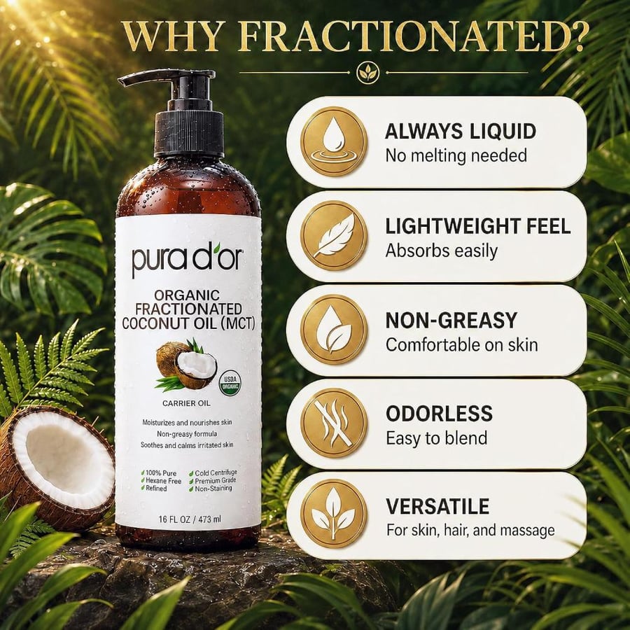 PURA D'OR 16 Oz ORGANIC Fractionated Coconut Oil - MCT Oil - 100% Pure & Natural USDA Certified Cold Pressed Carrier Oil - Unscented, Hexane Free Moisturizer For Face, Skin & Hair Tonic - Men & Women