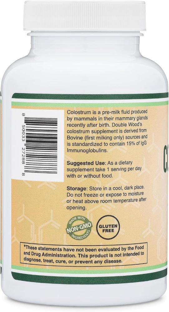 Colostrum Supplement 120 Capsules, 1,000mg per Serving (Bovine Colostrum Powder from First Milking Only, Std. to Contain 15% IgG Immunoglobulins) No Fillers, Third Party Tested by Double Wood