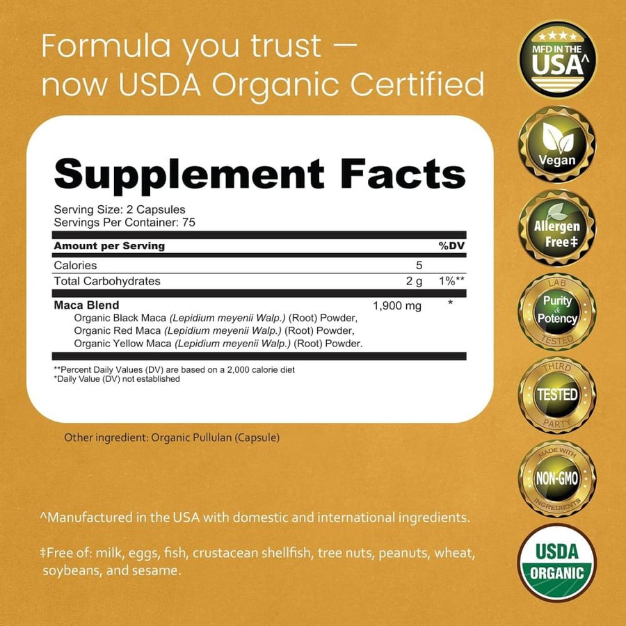 Organic Maca Root Black, Red, Yellow 1900 MG per Serving - 150 Vegan Capsules Peruvian Maca Root Gelatinized 100% Pure Non-GMO Supports Reproductive Health Natural Energizer