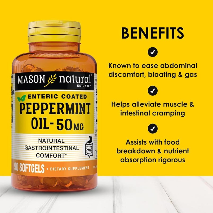 Mason Natural Peppermint Oil 50 mg"Enteric Coated" - Natural Gastrointestinal Comfort, Supports a Healthy Gut, Bowel Soothing Dietary Supplement, 90 Softgels