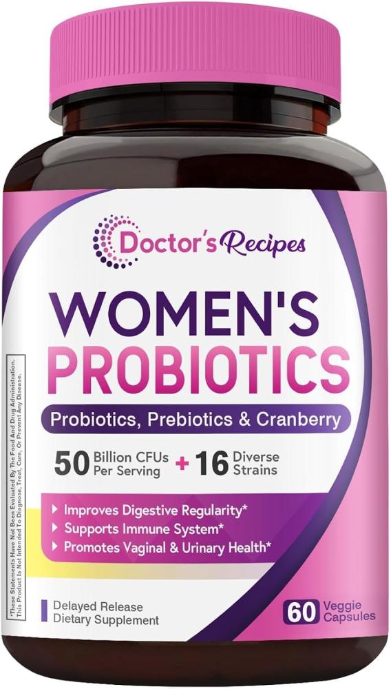 Doctor's Recipes Women’s Probiotic, 60 Caps 50 Billion CFU 16 Strains, with Organic Prebiotics Cranberry, Digestive Immune Vaginal & Urinary Health, Shelf Stable, Delayed Release, No Soy Gluten Dairy