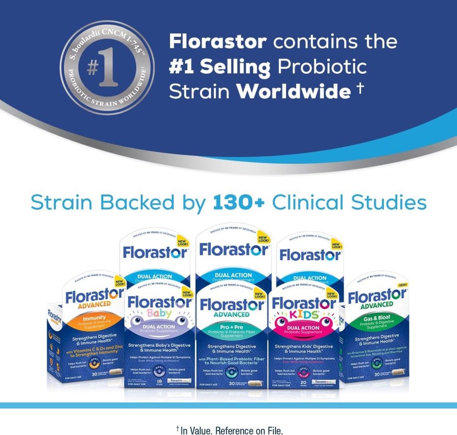 Florastor Kids Dual Action Probiotic Powder, 20 Easy-to-Mix Powder Sticks