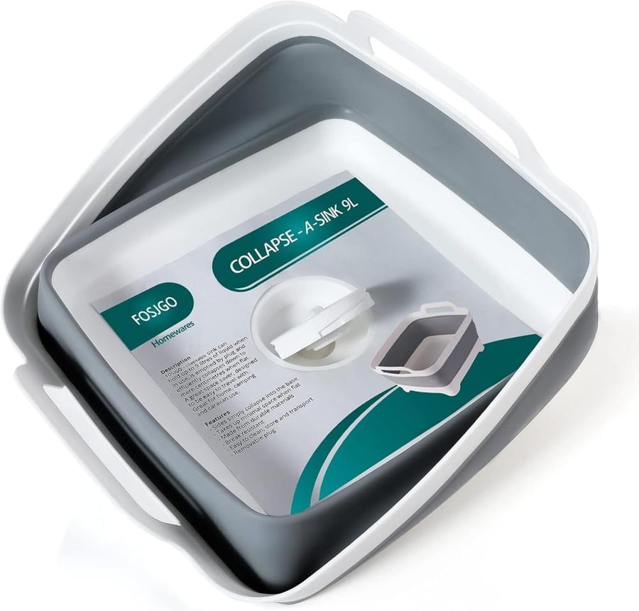 FOSJGO 2.4 Gal(9L) Collapsible Dish Basin with Drain Plug,Space Saving Multiuse Foldable Sink Tub,Dishpan,Kitchen Sink for Camping,Plastic Tub,Vegetable Washing,Beverage Tubs