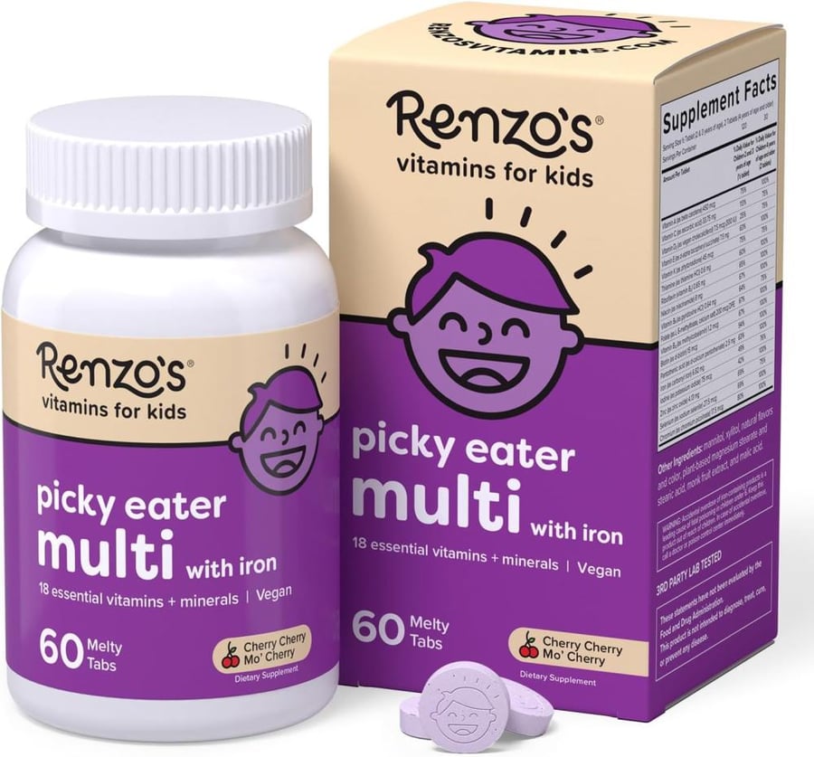 Renzo's Picky Eater Kids Multivitamin with Iron - Dissolving Kids Vitamins with Vitamin D3 & K2 and More - 60 Sugar-Free Melty Tabs, Cherry Cherry Mo’ Cherry Flavored