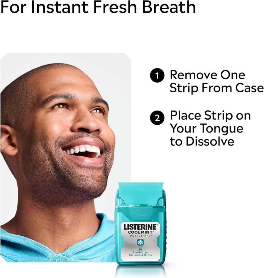 Listerine Cool Mint Pocketpaks Breath Strips Kills Bad Breath Germs, 24-Strip Pack, 3 Pack